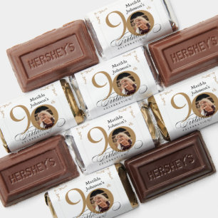 Gold White Calligraphy Photo Elegant 90th Birthday Hershey's Miniatures