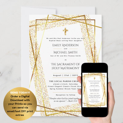 Gold White  Catholic Nuptial Mass Wedding Invitation