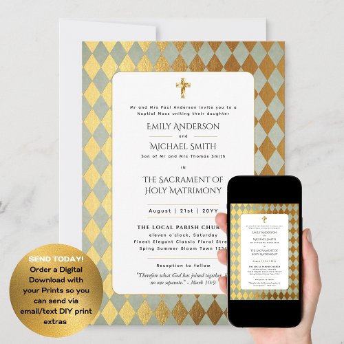 Gold White  Catholic Nuptial Mass Wedding Invitation