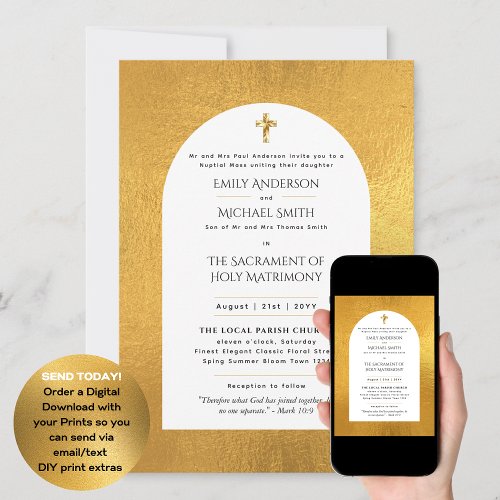 Gold White  Catholic Nuptial Mass Wedding Invitation