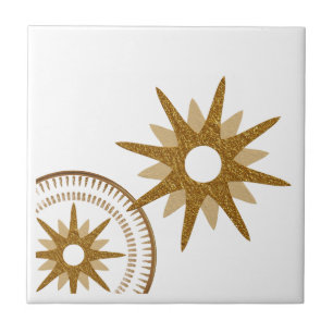 Gold & White Celestial Starburst Design Ceramic Tile