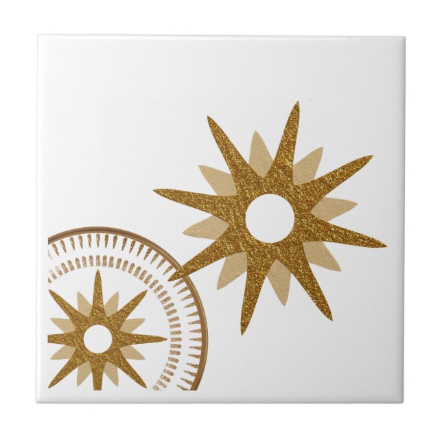 Gold & White Celestial Starburst Design Ceramic Tile (Front)