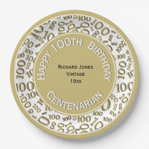 GoldWhite Centenarian 100th Birthday Party Theme Paper Plates