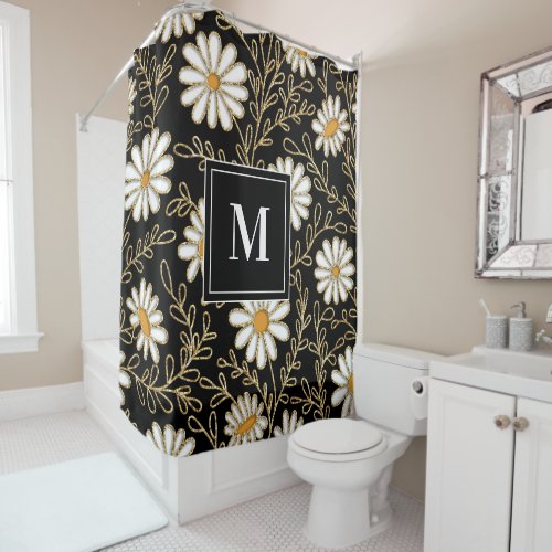 Gold White Chamomile Daisies Floral Black Shower Curtain