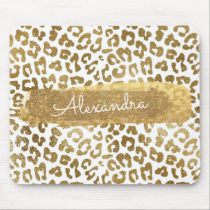 Gold & White Cheetah Print with Gold Glitter Mouse Pad