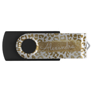 Gold & White Cheetah Print with Gold Glitter USB Flash Drive