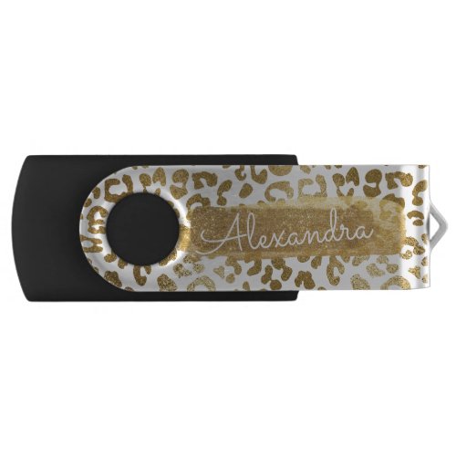 Gold  White Cheetah Print with Gold Glitter USB Flash Drive