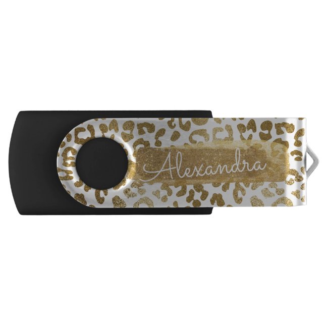 Gold & White Cheetah Print with Gold Glitter USB Flash Drive (Front)