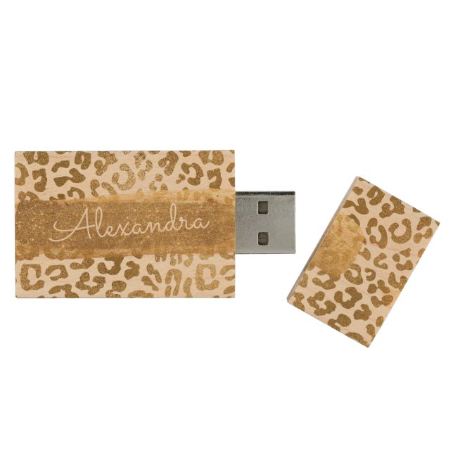 Gold & White Cheetah Print with Gold Glitter Wood Flash Drive (Opened)