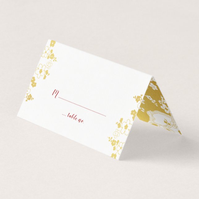 Gold& White Cherry Blossom Oriental Wedding Business Card (Front)