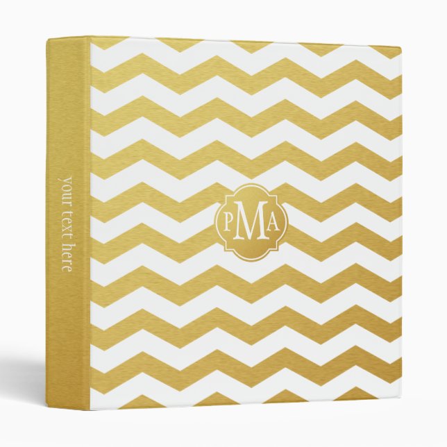 Gold & White Chevron Pattern Monogram 3 Ring Binder (Front/Spine)