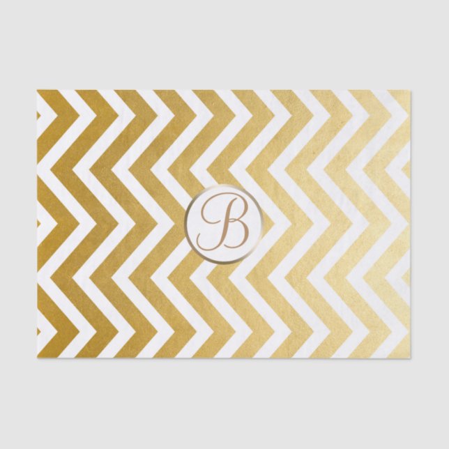 Gold White Chevron Print Monogram Letter Initial Tissue Paper (Front)