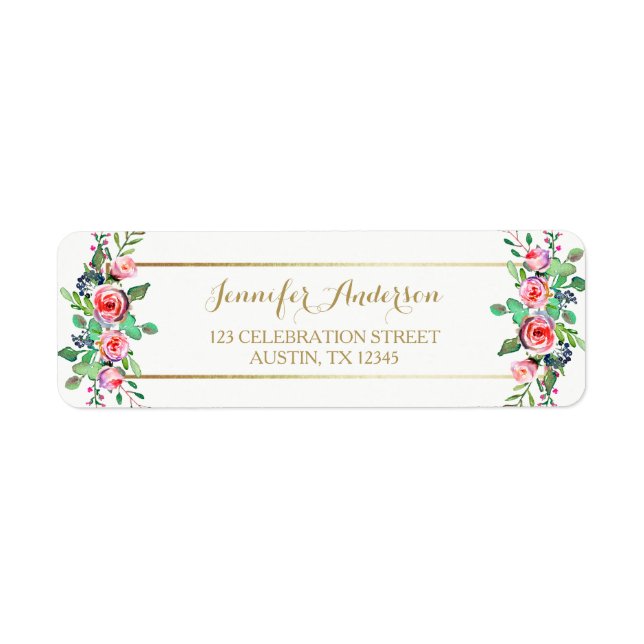 Gold White Chic Beautiful Floral Pink Roses Label (Front)