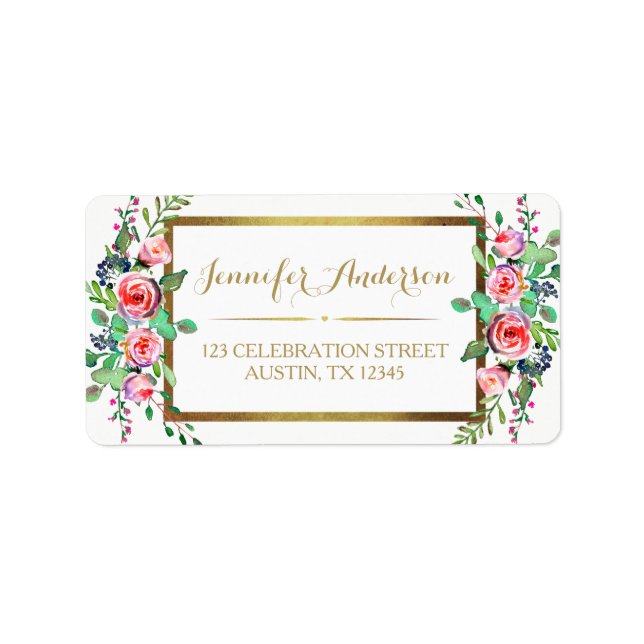 Gold White Chic Beautiful Floral Roses Label (Front)