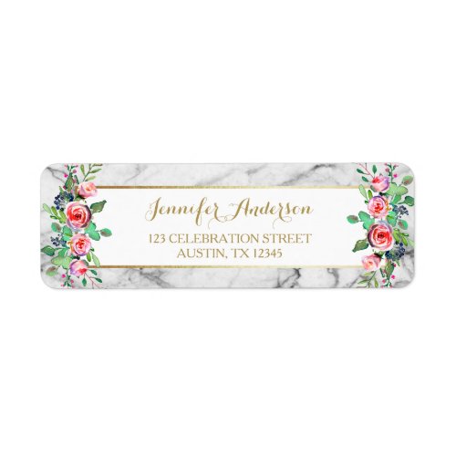 Gold White Chic Beautiful Floral Roses Marble Label