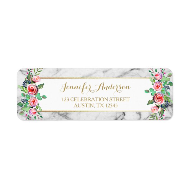Gold White Chic Beautiful Floral Roses Marble Label (Front)