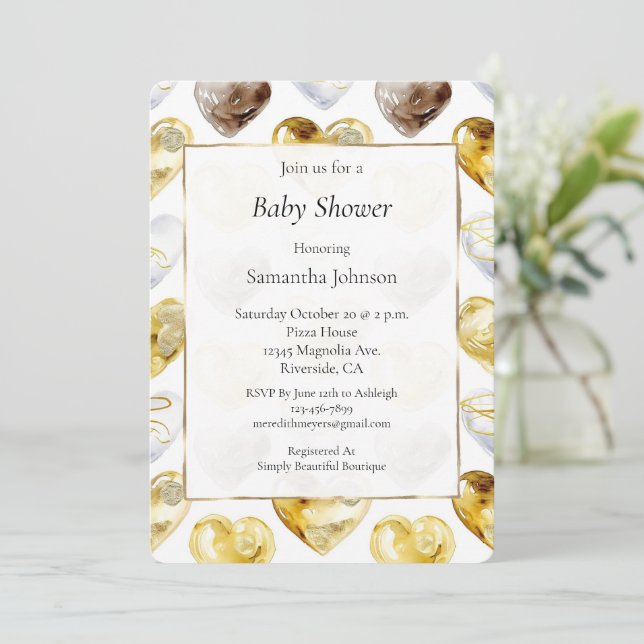 Gold White Chocolate Hearts Baby Shower Invitation (Standing Front)