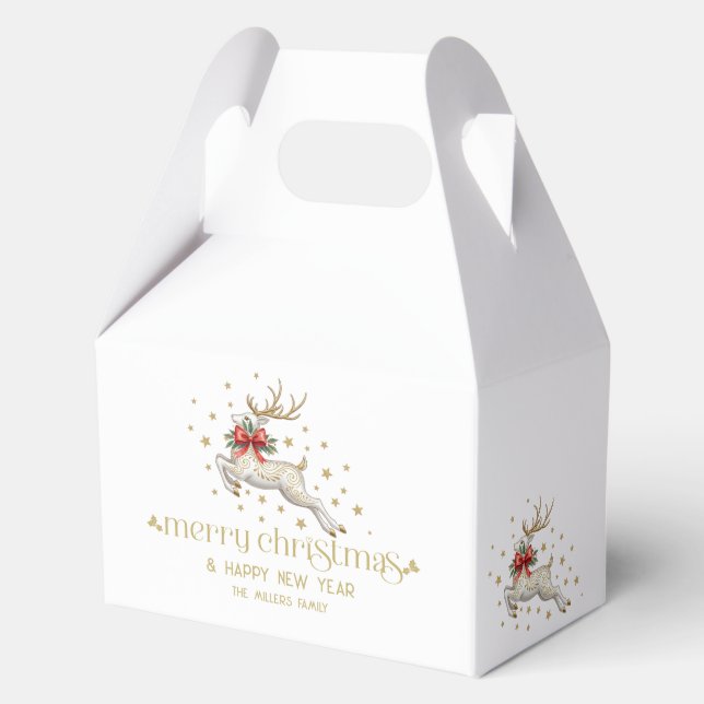 Gold White Christmas Reindeer Favor Boxes (Front)