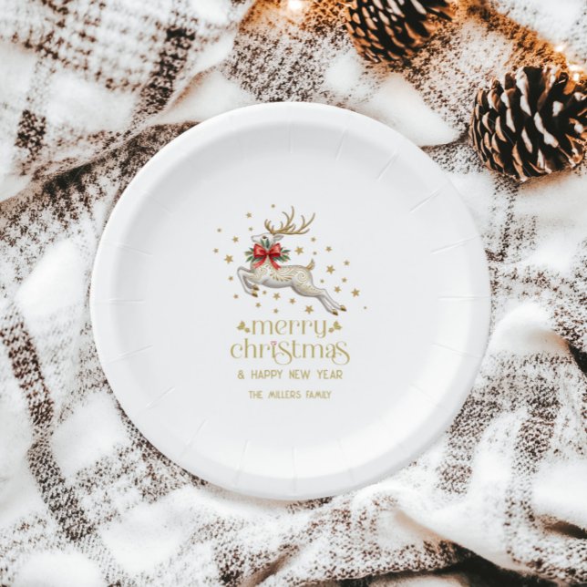 Gold White Christmas Reindeer Paper Plates (Creator Uploaded)