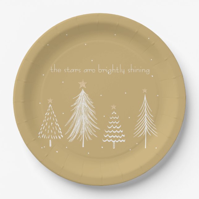 Gold, White, Christmas Tree Stars Elegant Holiday Paper Plates (Front)