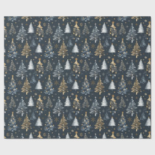 Gold & White Christmas Trees on Black Background Wrapping Paper