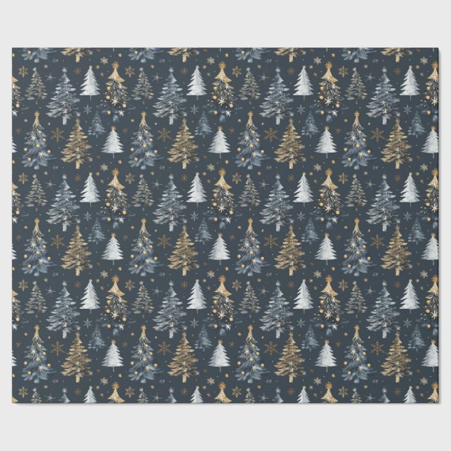 Gold & White Christmas Trees on Black Background Wrapping Paper (Seam)