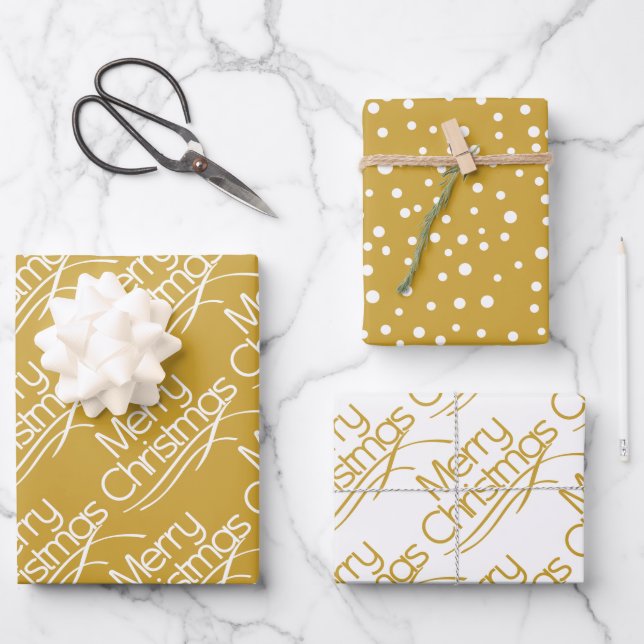 Gold, white Christmas typography and dots holiday Wrapping Paper Sheets (Front)