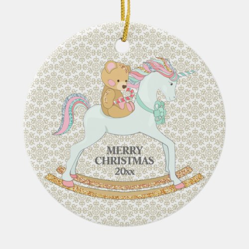 Gold White Christmas Unicorn Rocking Horse Ceramic Ornament
