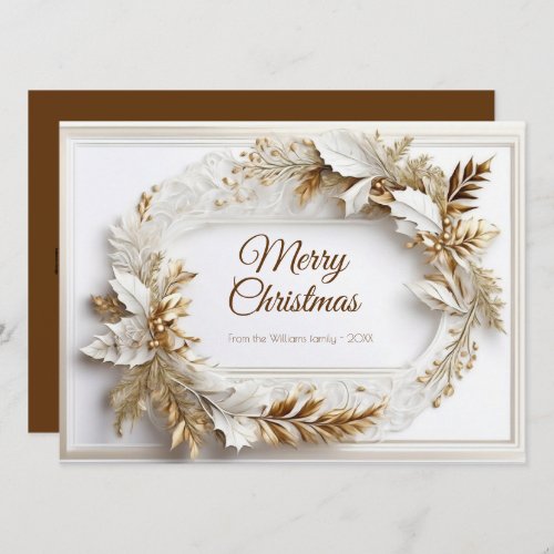 Gold white classic elegant wreath holiday card