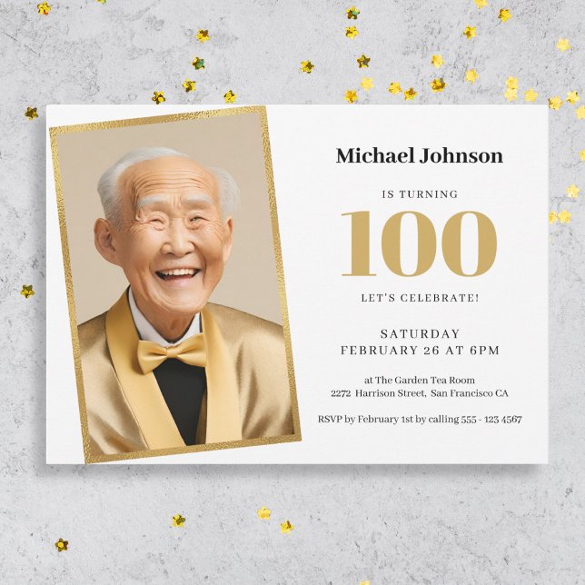 Gold White Classy Photo 100th Birthday Party Invitation (Mockup View)