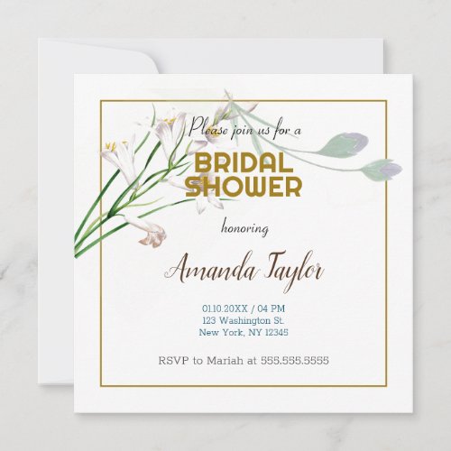 Gold White Color Floral Minimalist Bridal Shower Invitation