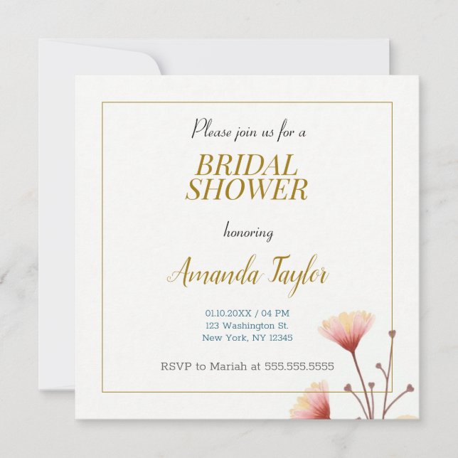 Gold White Color Minimalist Bridal Shower Invitation (Front)