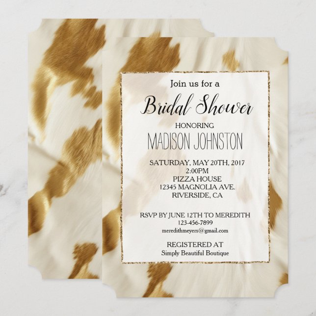 Gold White Cowgirl Southwest Cowhide Invitation (Front/Back)