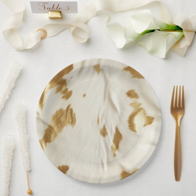 Gold White Cowhide Paper Plates (Wedding)