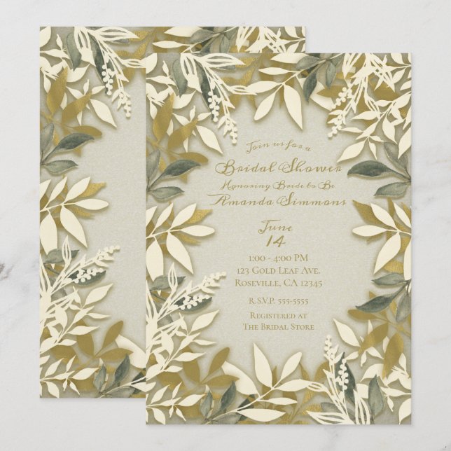 Gold White Cream Ecru Botanical Leaves Bridal Invitation (Front/Back)