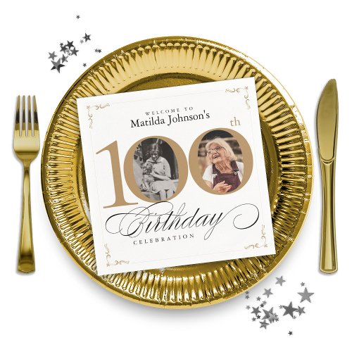 Gold White Custom Photo 100th Birthday Party Napkins