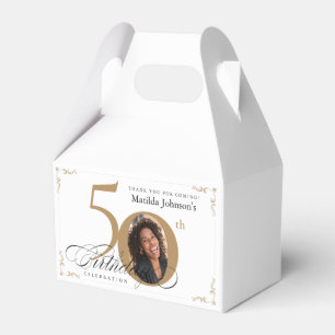 Gold White Custom Photo Calligraphy 50th Birthday Favor Boxes