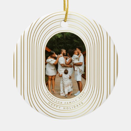 Gold White Custom Photo Family Christmas  Ceramic Ornament