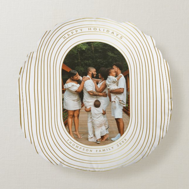 Gold White Custom Photo Family Christmas Round Pillow (Front)