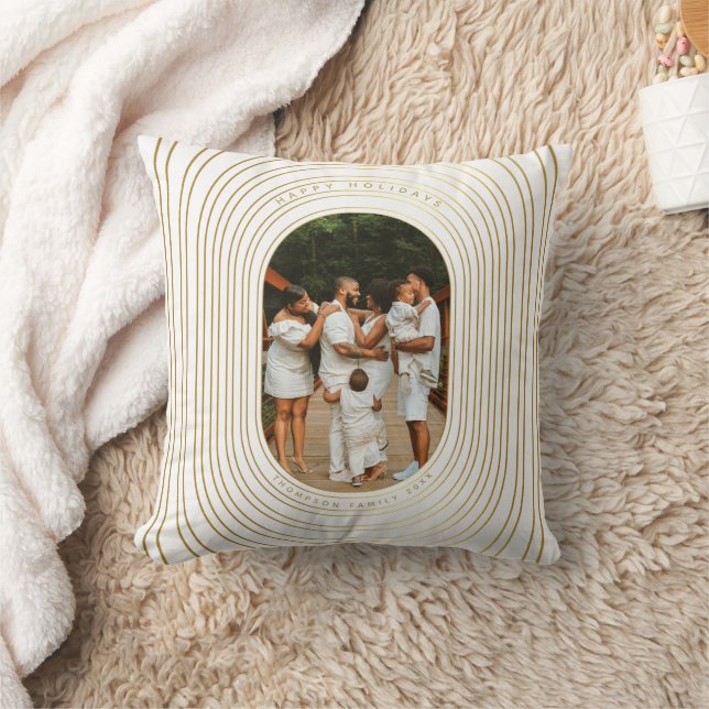 Gold White Custom Photo Family Christmas Throw Pillow (Blanket)