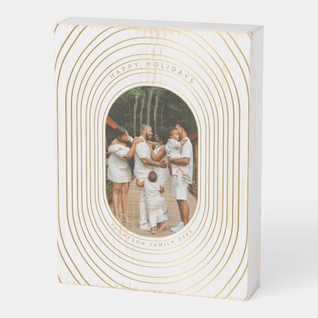 Gold White Custom Photo Family Christmas  Wooden Box Sign (Angled Vertical)
