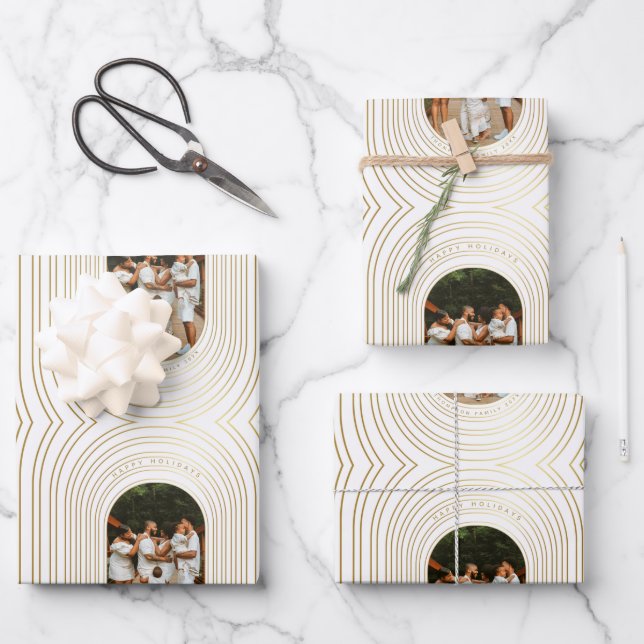 Gold White Custom Photo Family Christmas Wrapping Paper Sheets (Front)