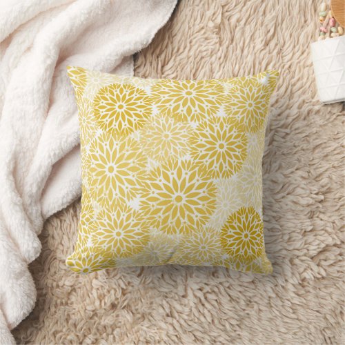 Gold White Dahlia Flower Pattern Throw Pillow