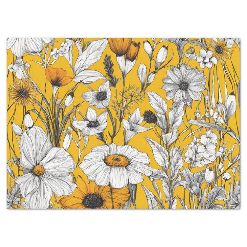 Gold White Daisy Boho Wildflower Decoupage Tissue Paper