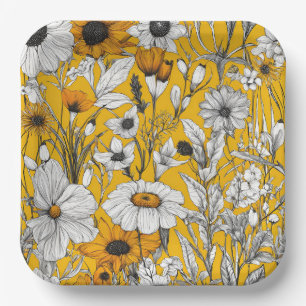 Gold White Daisy Boho Wildflower Paper Plates