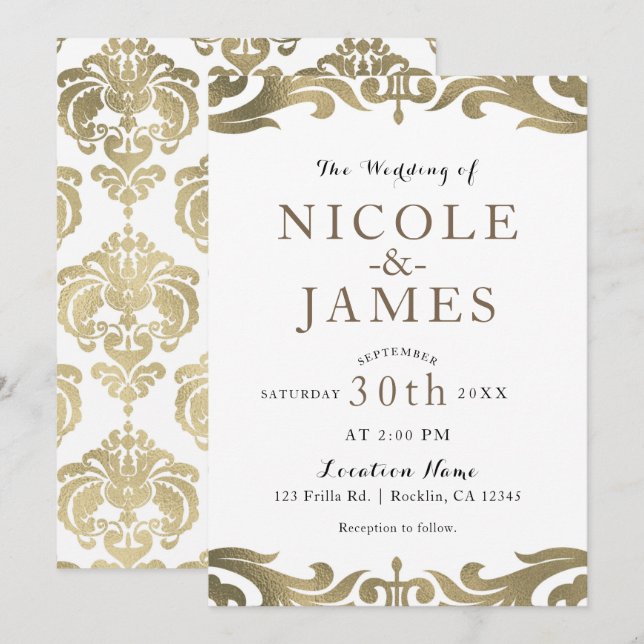 Gold & White Damask Chic Elegant Minimal Wedding Invitation (Front/Back)