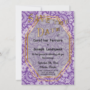 Gold & White Damask Flowers Purple Save The Date
