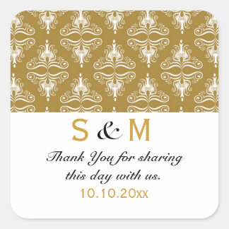 Gold White Damask Thank You Monogram Wedding Square Sticker