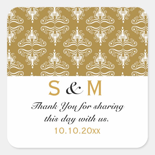 Gold White Damask Thank You Monogram Wedding Square Sticker (Front)