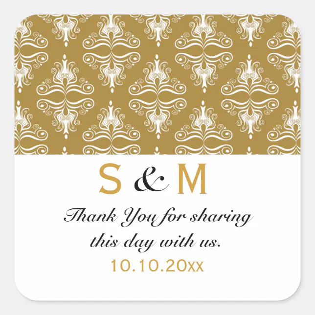 Gold White Damask Thank You Monogram Wedding Square Sticker | Zazzle